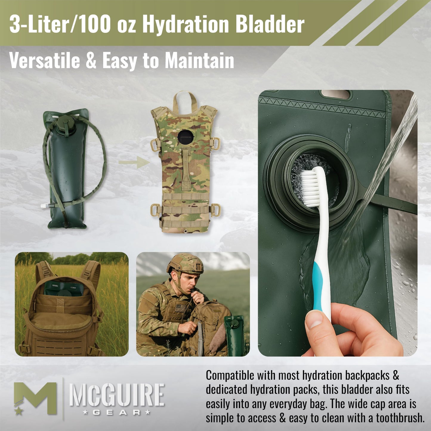M MCGUIRE GEAR Hydration Bladder, 3L/100 oz. Water Bladder, Leak Proof Hydration Pack, Water Reservoir with Insulated Drinking Tube for Hiking, Cycling, and Biking (Olive Drab)