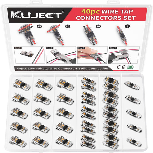 Kuject 40pcs Wire Tap Connectors Kit for 24-18 AWG, Quick Solderless No-Stripping T Tap Low Voltage Wire Connector, 3-Way 2-Pins 2-Way 1-Pin Splice Terminals for Automotive and LED Strip