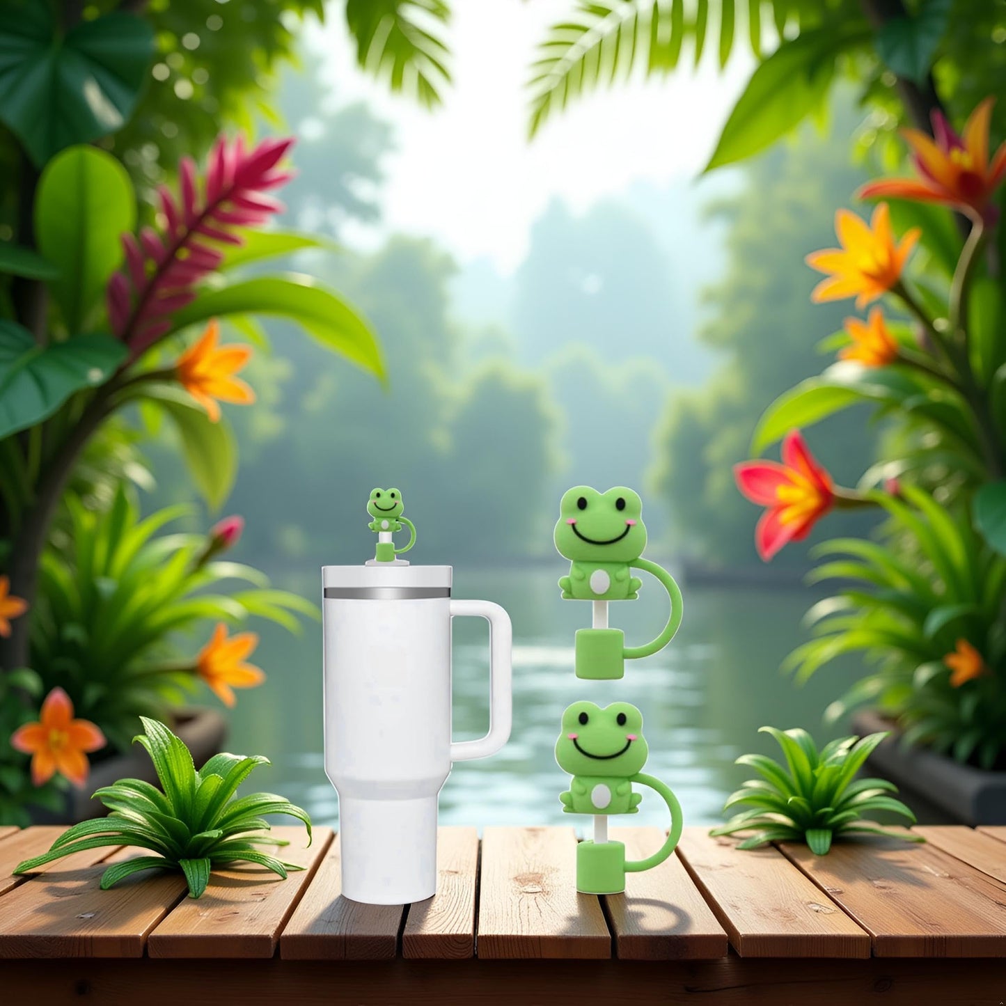 2Pcs Green Frog Straw Cover for Stanley Cup, Silicone Covers Compatible for Stanley Mug, Toppers for Stanley 30oz/40oz Tumblers, Reusable Drinking Straws, 10 mm (JLY066)