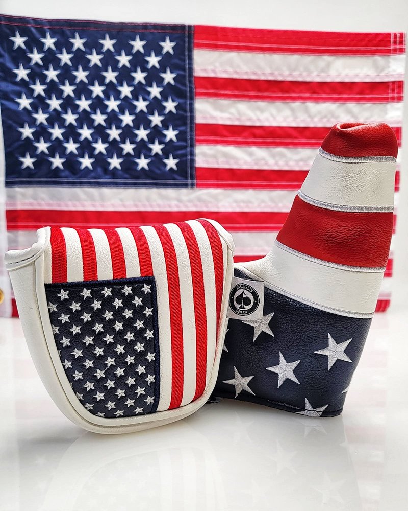 Pins & Aces USA Head Cover - Premium, Hand-Made Leather, Hi Quality Headcover - American Pride Styled, Tour Quality Golf Club Cover - Style and Customize Your Golf Bag (Mallet)