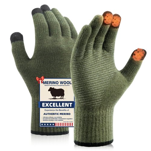 Heat equation Merino Wool Gloves for Men Women, Touch Screen Warm Anti-Slip Glove Thermal Soft Knit for Winter Driving Hiking L Yellow Green