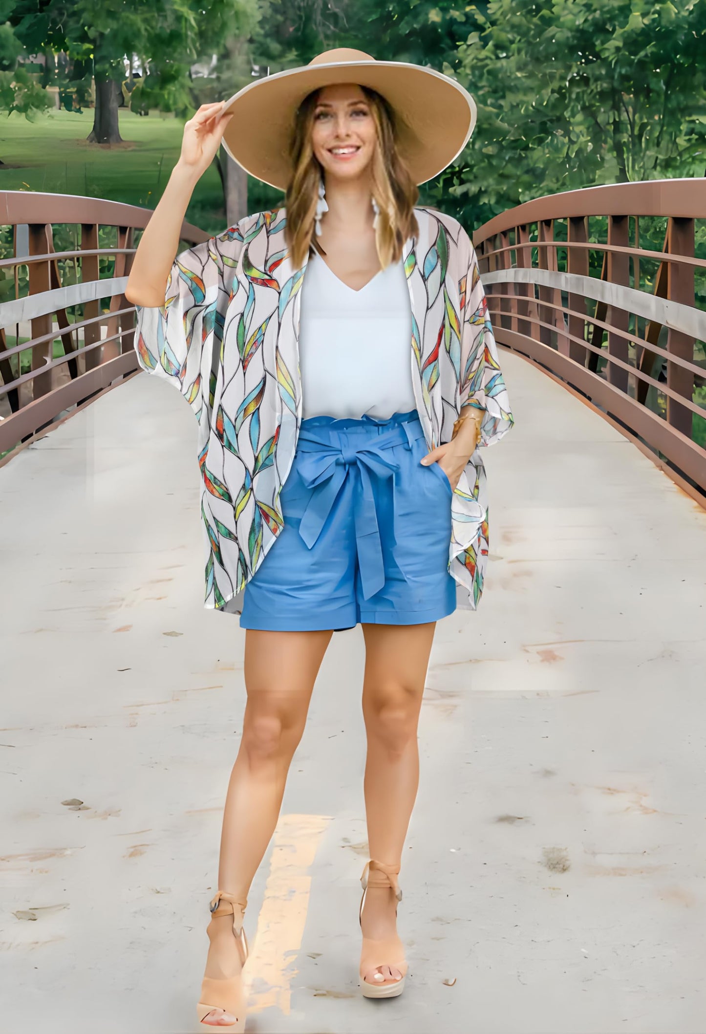 Womens Short Cardigans Casual Cover Up Open Front Kimono Tops Bathings Suit Shawl (White Colorful Leaves,L)