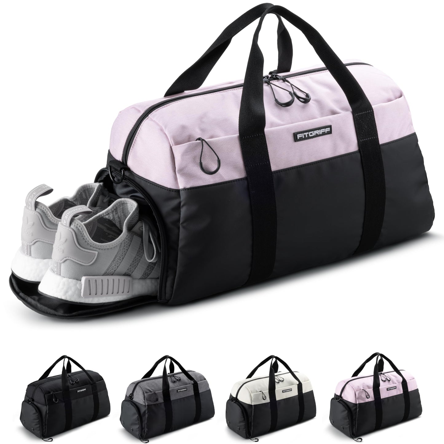 Fitgriff® Gym Bag V2 for Men and Women with Shoe & Wet Compartment - Duffle Bag for Travel, Sports, Fitness and Workout (Black/Pink, 19 x 10 x 11″ (Small))