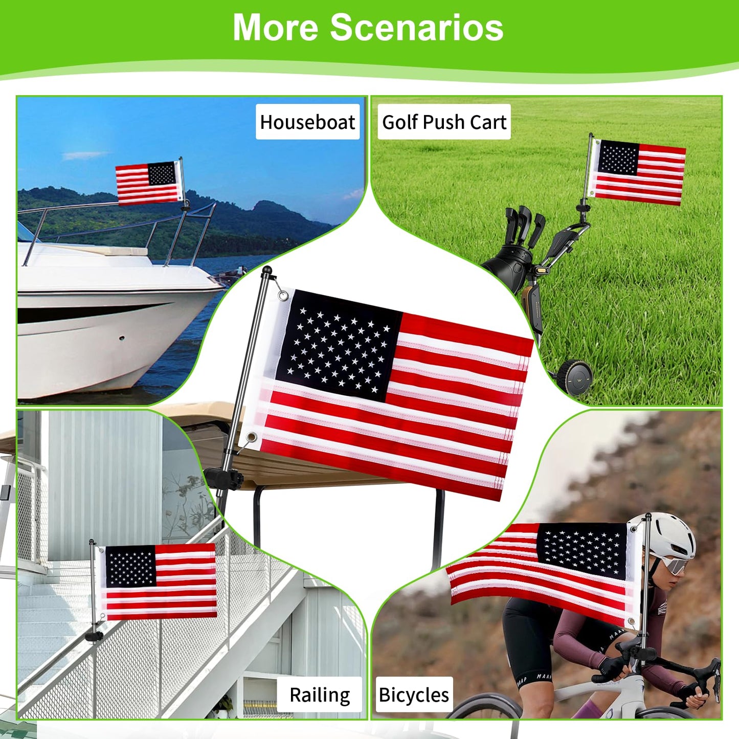 Cartalia Golf Cart Adjustable Flag Holder 2Pcs, Universal Flagpole for EZGO Club Car Yamaha, Flag Bracket for 0.59-1.18" Round/Oval Square Rails Push Cart, UTV, ATV, Included USA Flags (12"×18")