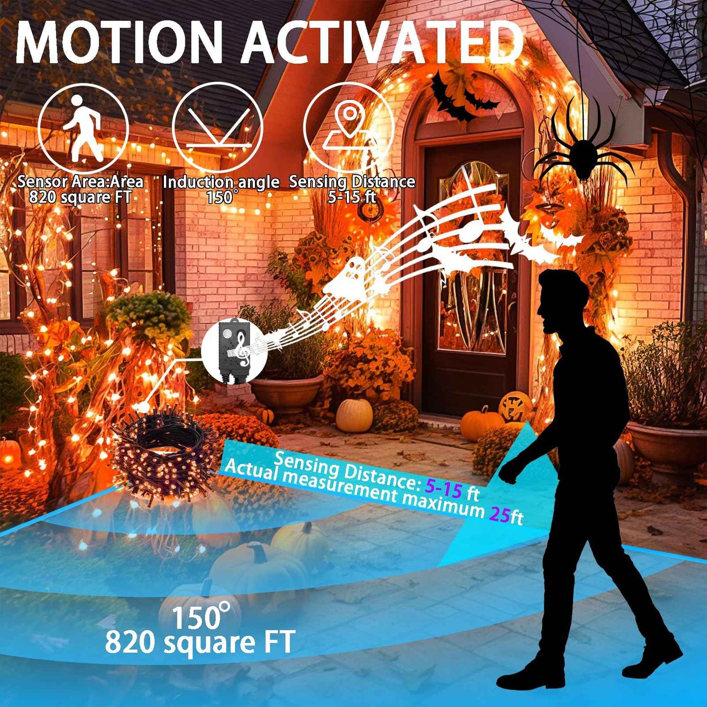 DOTWAYAW 400 LEDs Halloween LED String Lights with Spooky Music and Motion Sensor - Outdoor Waterproof Orange Lights with Sounds for Halloween Thanksgiving and Christmas Decoration