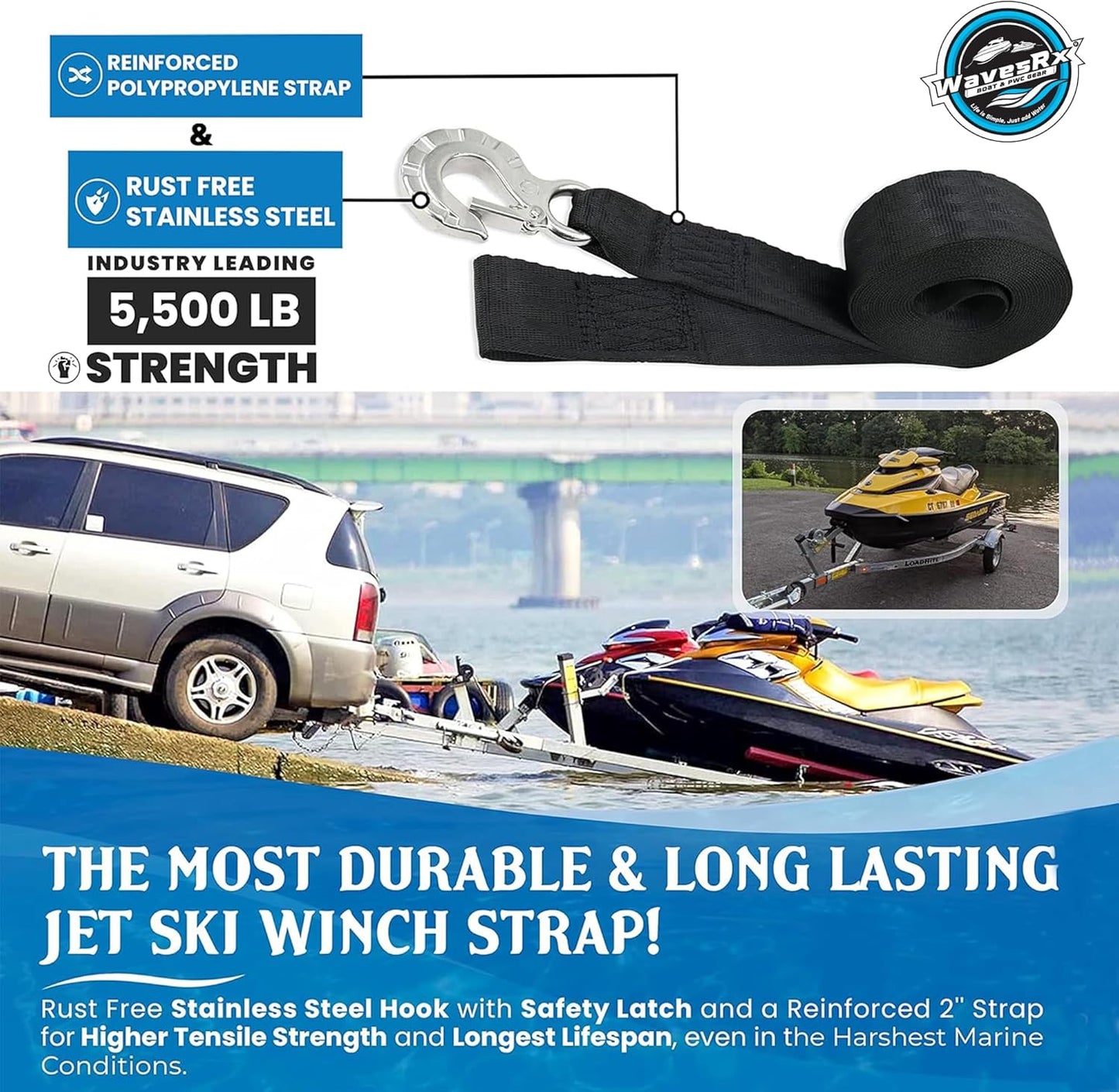 WavesRx Winch Strap Replacement for Boat & Jet Ski Trailers - Marine Grade SS 316 Alloy | Durable & Reliable