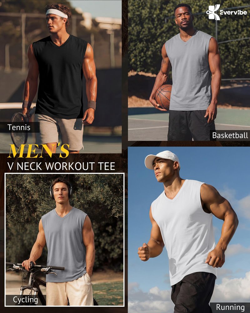 Evervibe 3 Pack Mens V Neck Tank Tops 95% Cotton Sleeveless Big and Tall Muscle Cut Off Shirts Gym Workout Tee(Black, White, Gray,Large)