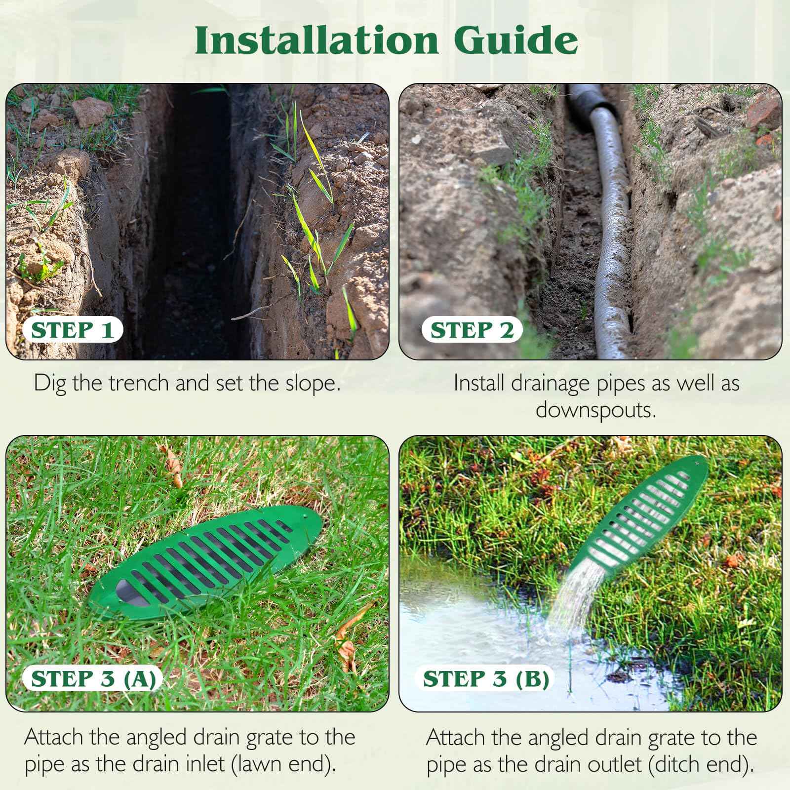 Apxton 4 Inch Green Angled Drainage Grate for Yard Drain, Drain Grate for Yard Drainage Systems, Yard Drain Emitter for Gutter Downspout Extensions, Lawn Slope Drainage Pipe Emitter for Ditch