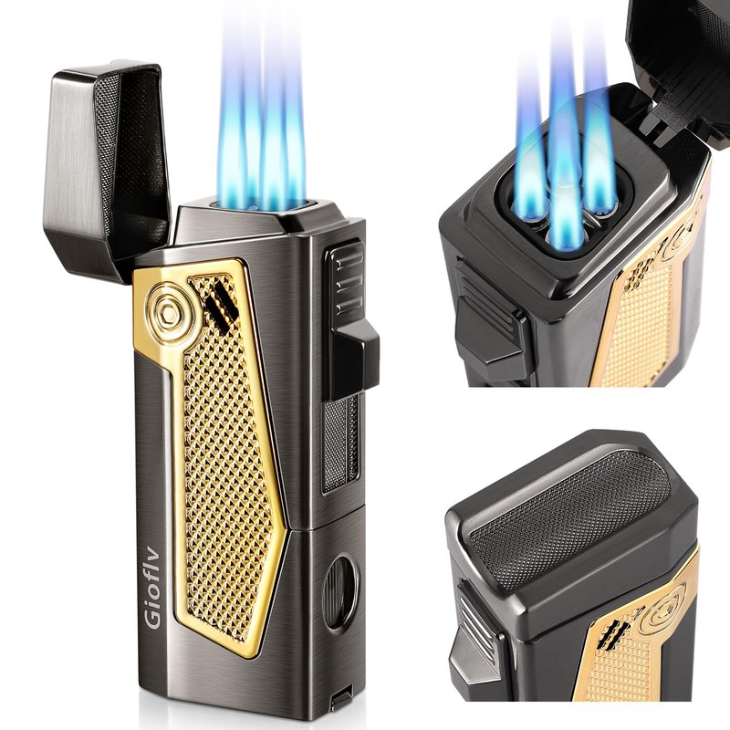 Gioflv Torch Lighter, Windproof Butane Lighter for Outdoor, Bonfire, Candle, Fireplace, Black and Gold, Multi-Purpose （Without Butane）