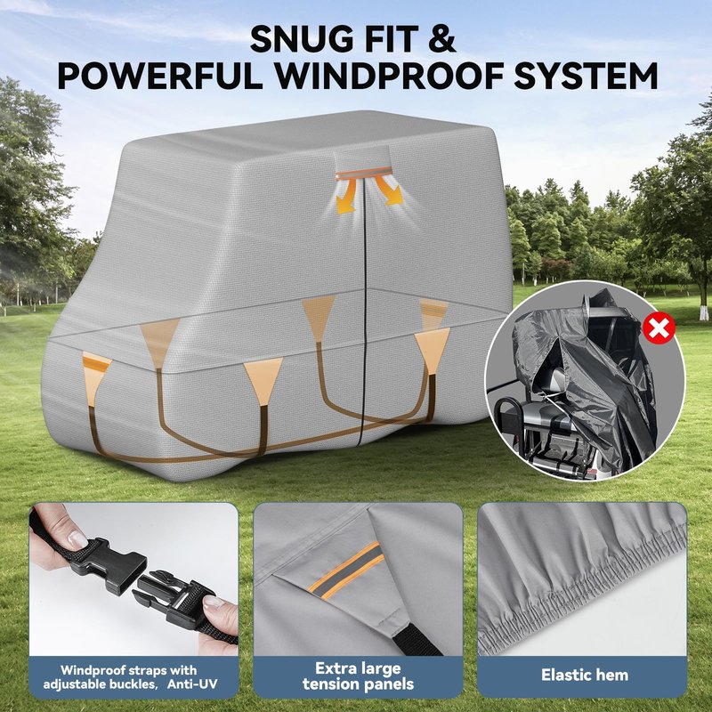 100% Waterproof 1200D Solution-Dyed Golf Cart Cover Universal Fit Yamaha,Honda,Club Car,EZGO and Most Brand Golf Cart for 2/2+2/4/4+2/6 Seats with Zipper Door,Storage Bag,Fit for 2+2/4 Passenger Cart