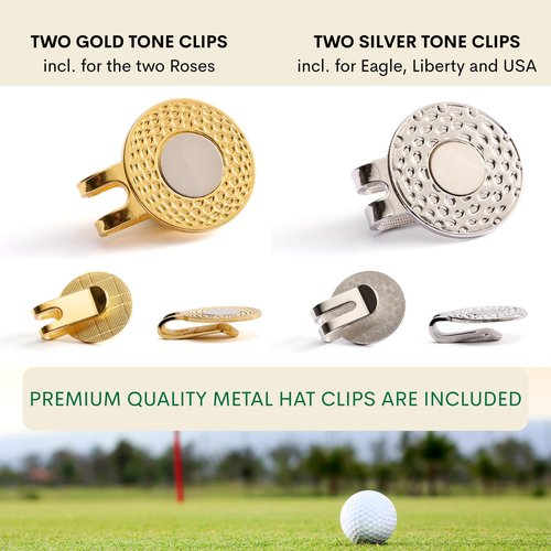 Kumi Living Handmade Golf Ball Markers for Men and Women Foil Debossed with Vegetable Tanned Genuine Leather Valentine's Day Gift for Golf Lover Set of 2, Hat Clips Included, Magnetic (Rose and Rose)