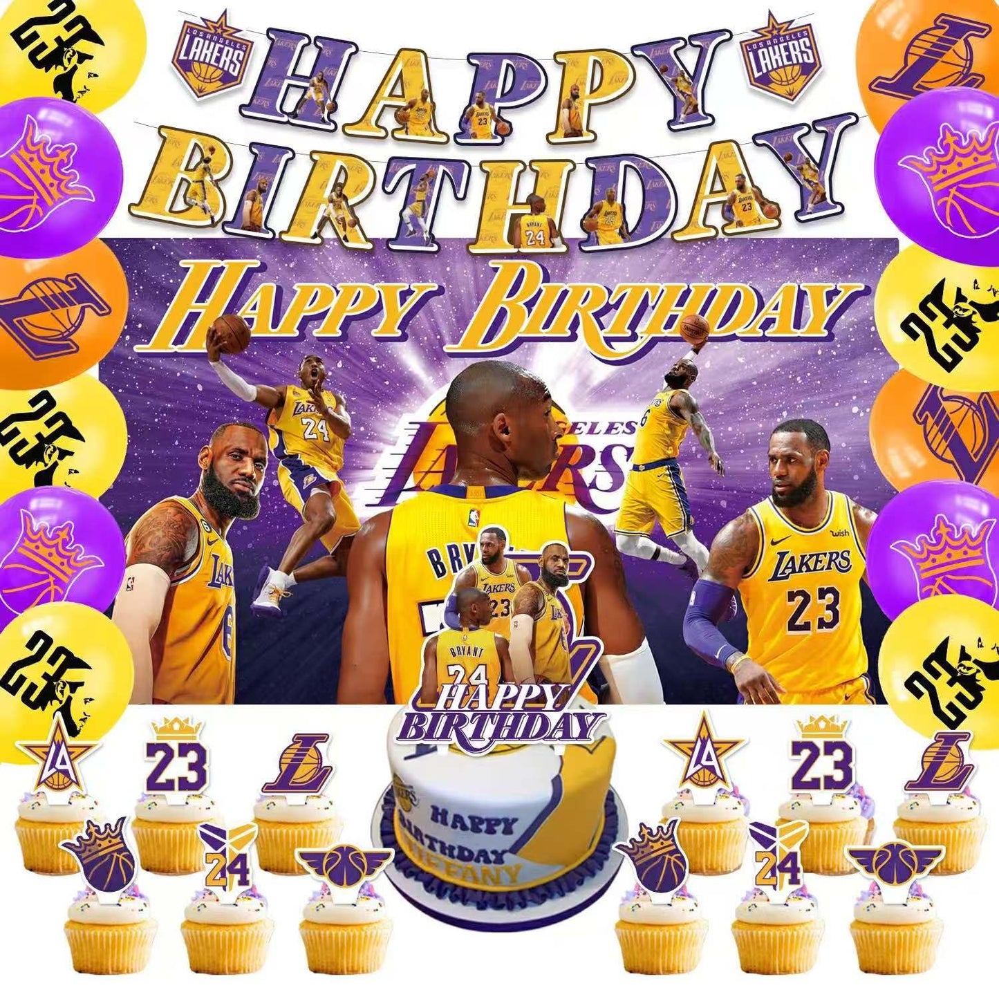 42Pcs Los Angeles Basketball Party Supplies Pack Includes，Banner，Cake Topper，Blackdrop,Balloons for The Laker party decoration