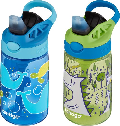 Contigo Aubrey Kids Water Bottle - Spill Proof Silicone Straw | 14oz, 2-Pack, Whales & Dragons