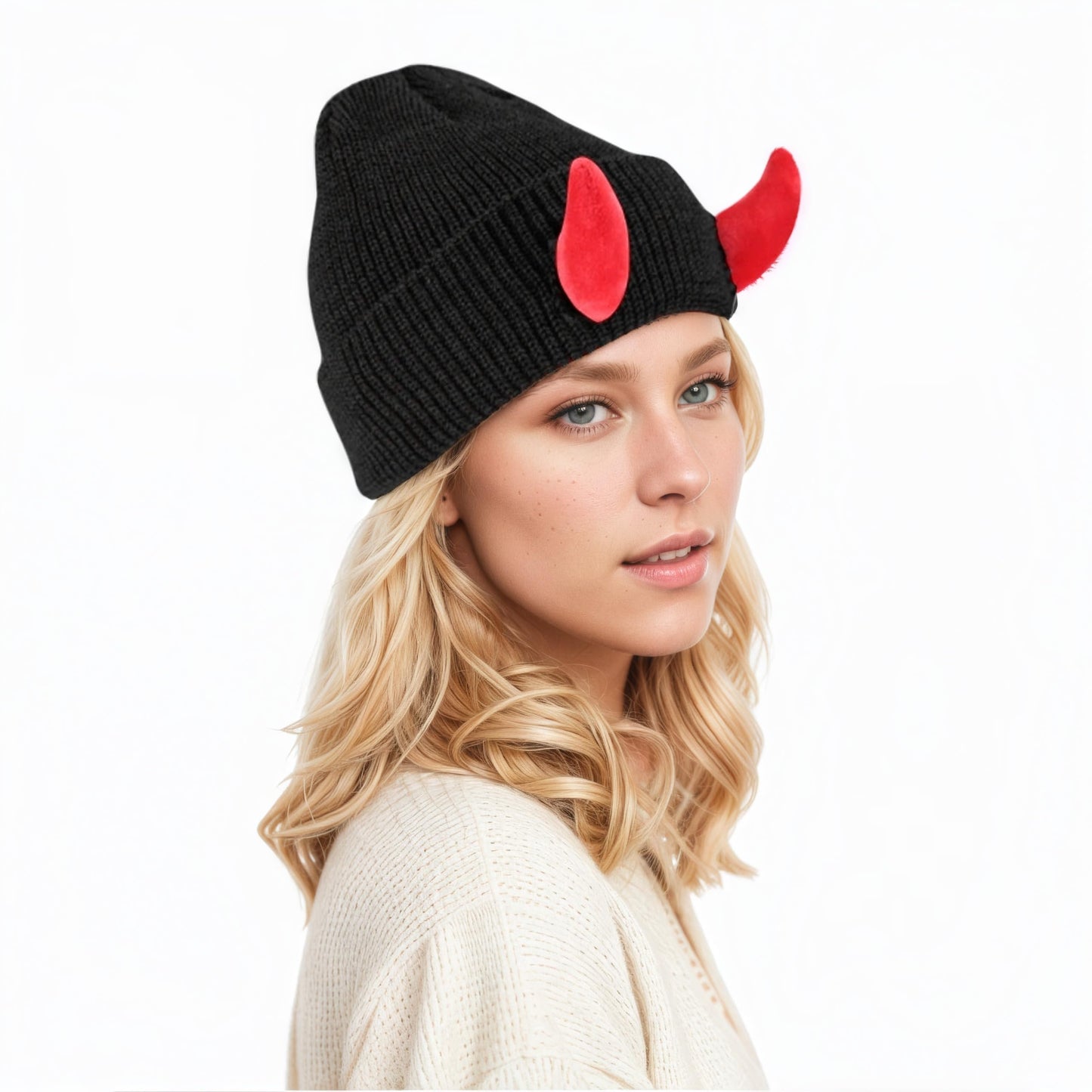 Womens Halloween Devil Horn Hat Skull Hat Warm Knitted Winter Beanie Cuffed Funny Alt Emo Scene Cap Y2k Accessories (US, Alpha, One Size, Black-Red)