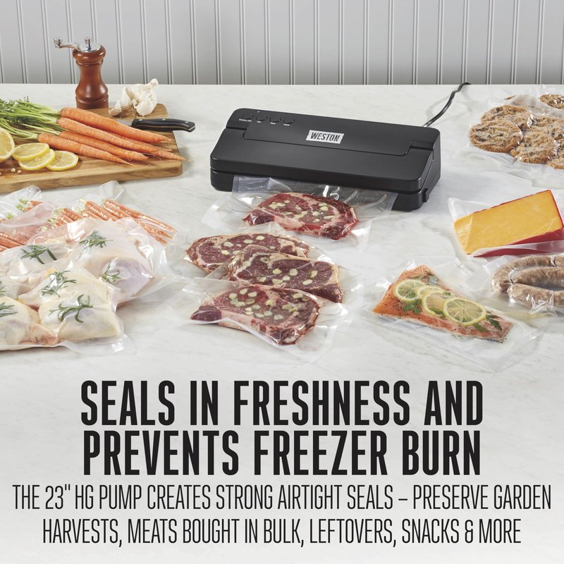 Weston Compact Food Vacuum Sealer Machine, Powerful 23” Hg Pump, For bags Up To 11” Wide, 100 Watts, Corner Guides for Easy Align, Intuitive Controls + Pulse Function, Black (65-2061-W)