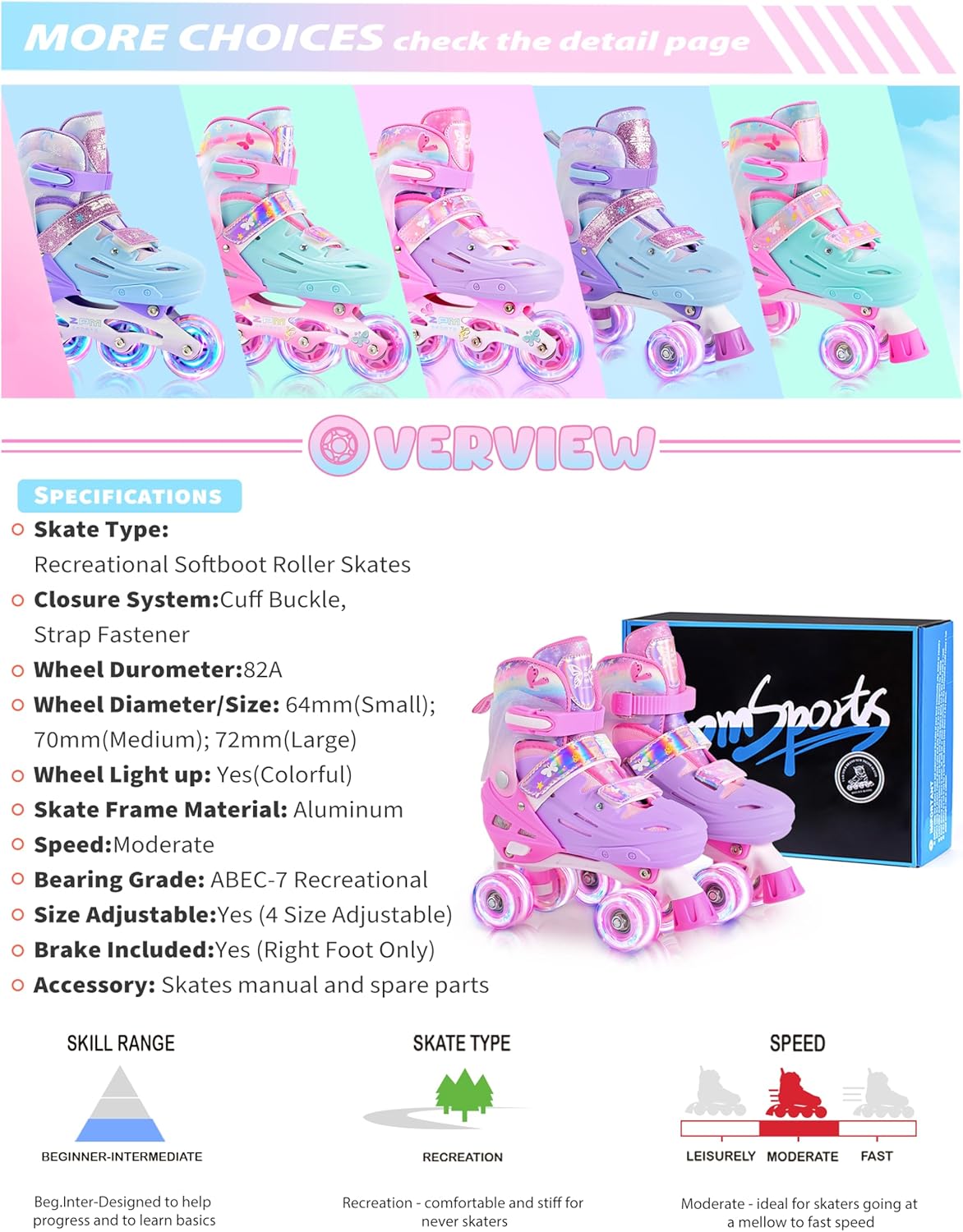2PM SPORTS Roller Skates - Adjustable Light-Up Wheels for Kids Ages 4-12 | Sizes 10C-6