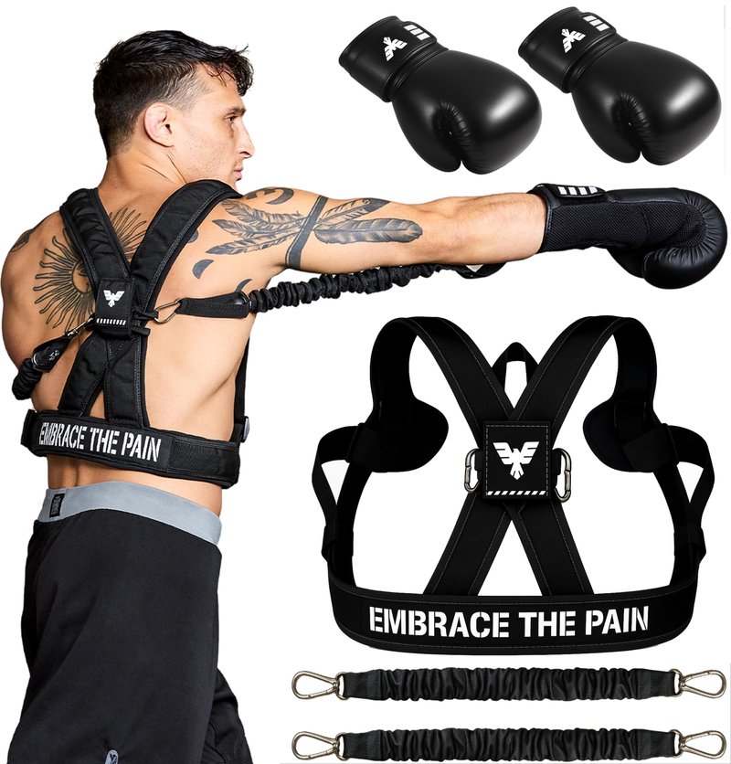 Elite Sports Adult Boxing Harness with 12oz Gloves – Adjustable Resistance Bands (3 Levels), Stability Strap, Padded Back & Shoulder, Ballistic Nylon, Quick-Release Buckle – Training & Workout Gear