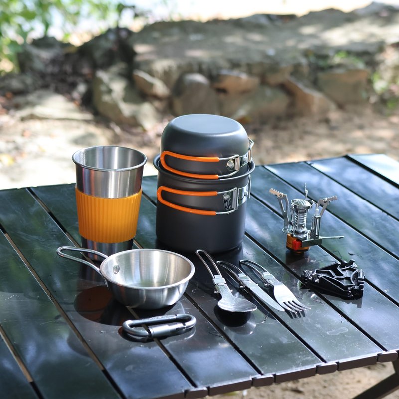 JUSFANE 10Pcs Camping Cookware Mess Kit - 1.2L & 0.6L Camping Pots with Stove, Forks Knives Spoons, Sierra Cup, Canister Stand and 16Oz Stainless Steel Cup for Backpacking, Hiking, Outdoor Cooking