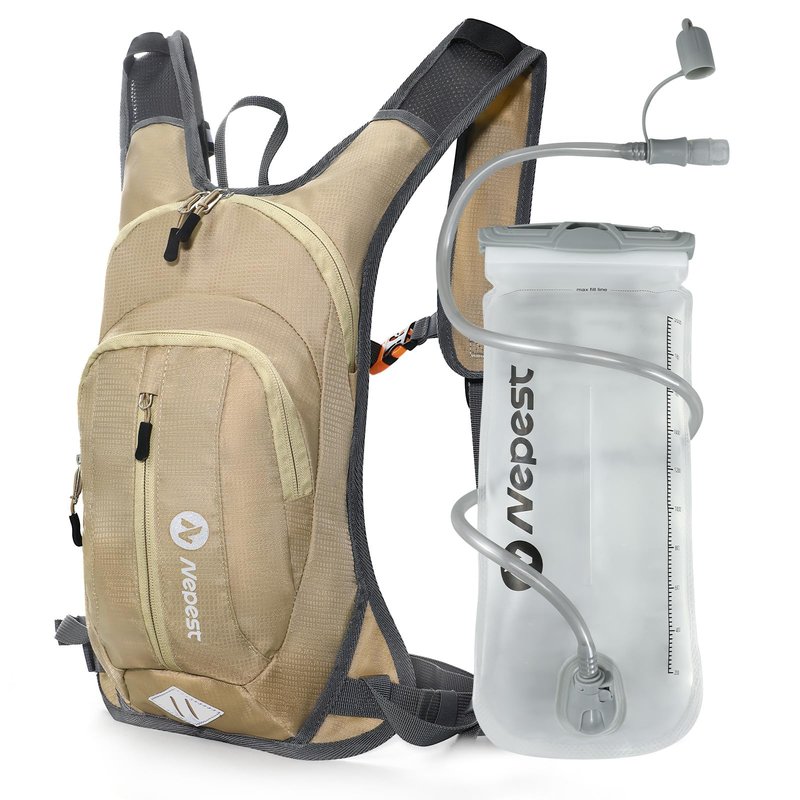Nepest Hydration Pack Backpack with 2L Water Bladder, Lightweight Water Backpack for Hiking, Running, Biking, Khaki