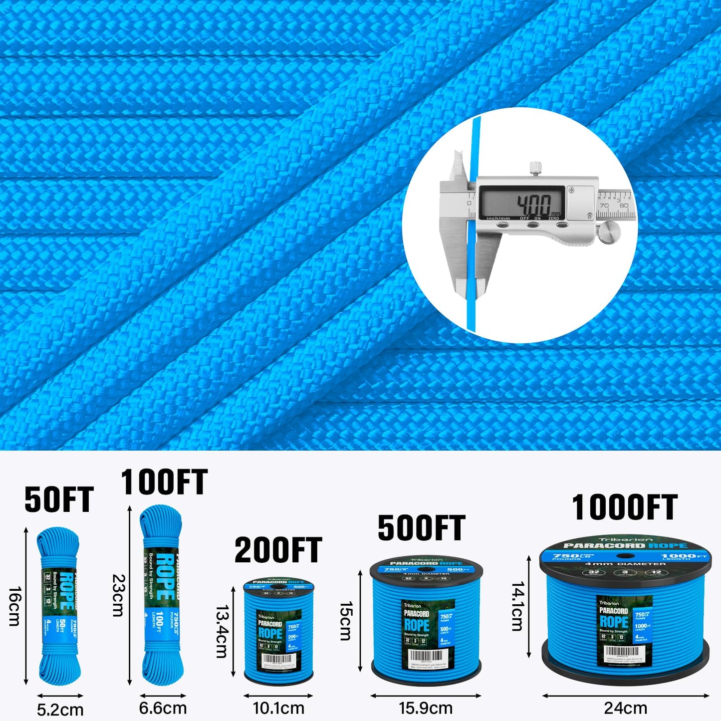 TRIBERION Paracord Rope 750 lb - 500ft 5/32" Parachute Cord 4MM 12-Strand para Cord - Heavy Duty Spool String for Survival,Camping Gear, Survival Bracelet, Clothesline - Blue