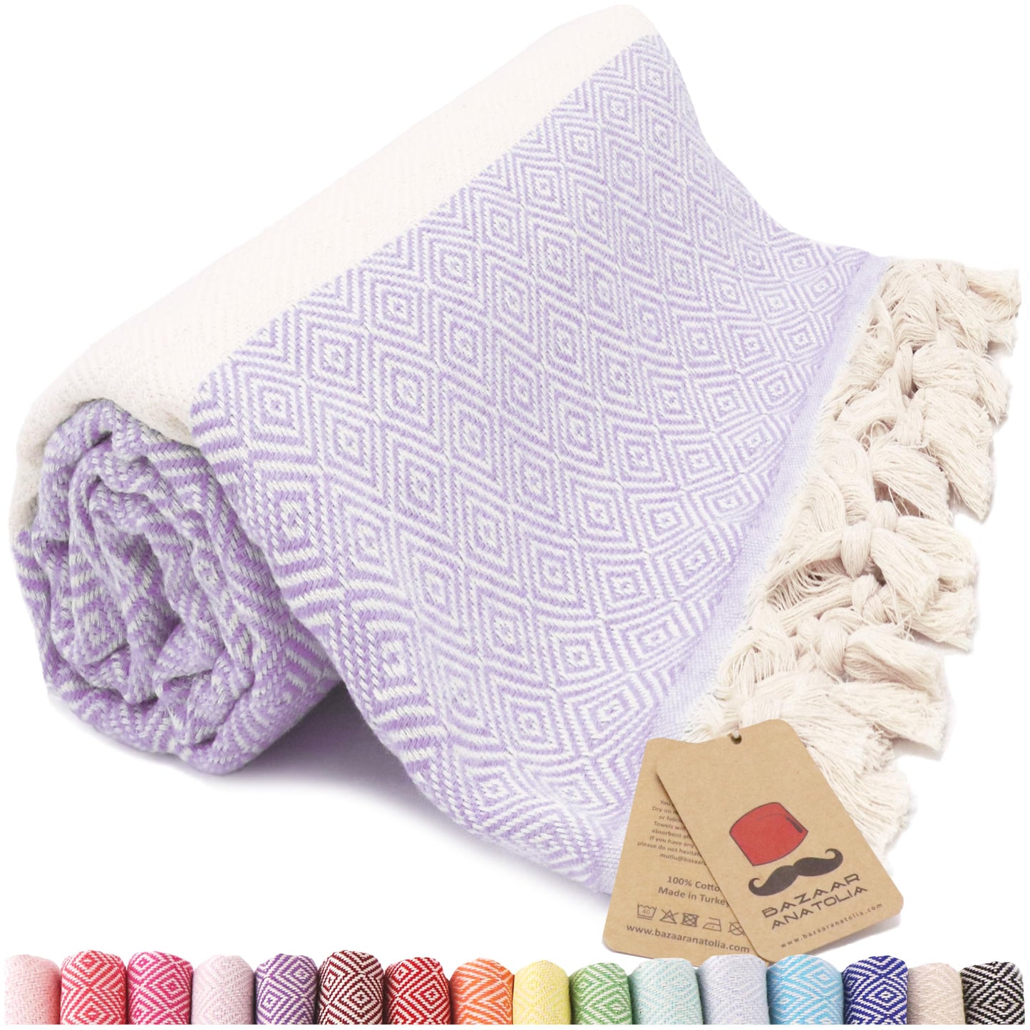 Bazaar Anatolia Turkish Beach Towel – 100% Cotton, Quick Dry, Sand Free Towel for Bathroom, Camping, Travel, Lavender – Oversized 71x39 Inches – Diamond Lilac