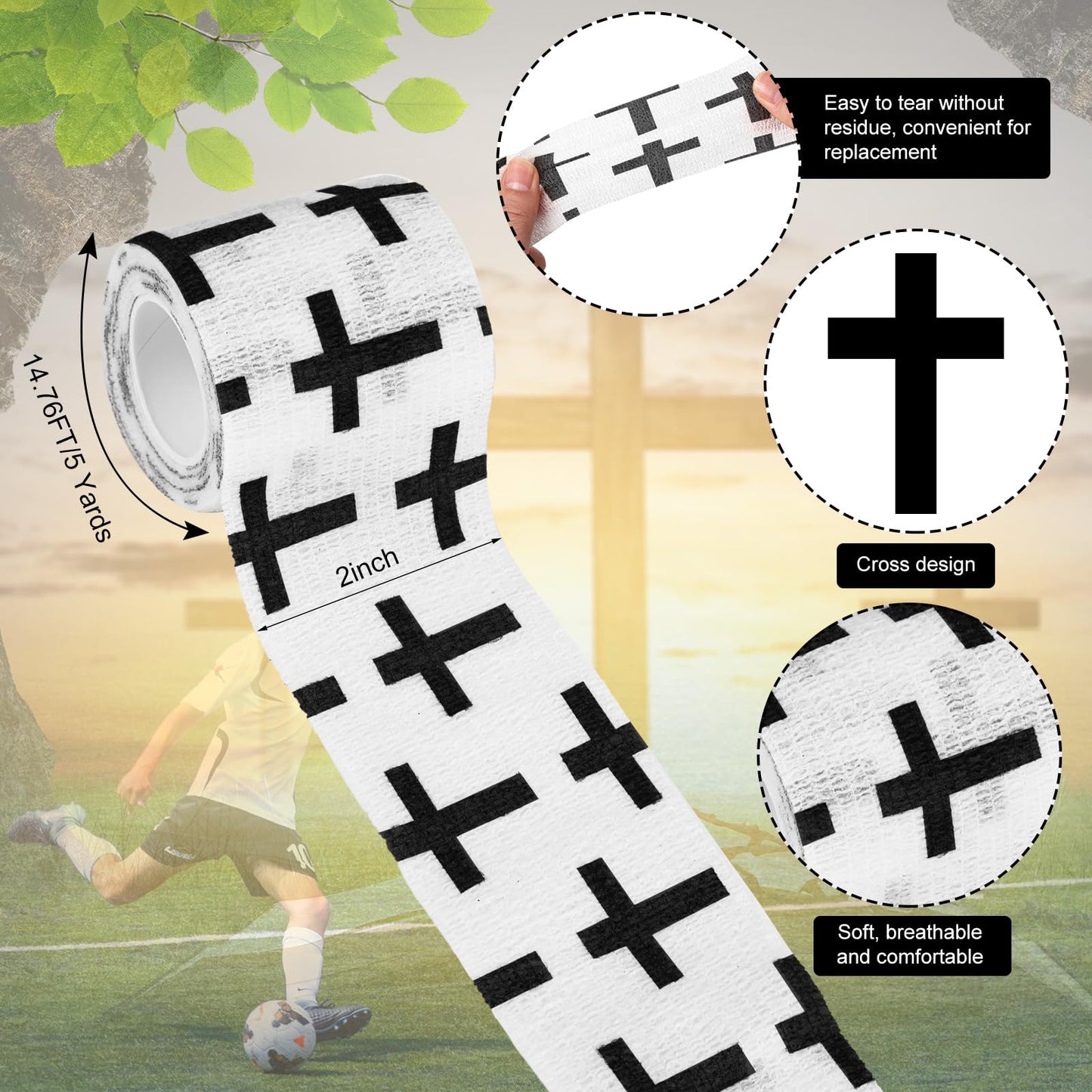 Geiserailie 12 Pack Christian Athletic Tapes 2 Inch x 5 Yards Self Adhesive Bandages Sports Wraps Breathable Elastic Wrap Non Woven Bandage for Wrist, Ankle, Baseball Football (White and Black)