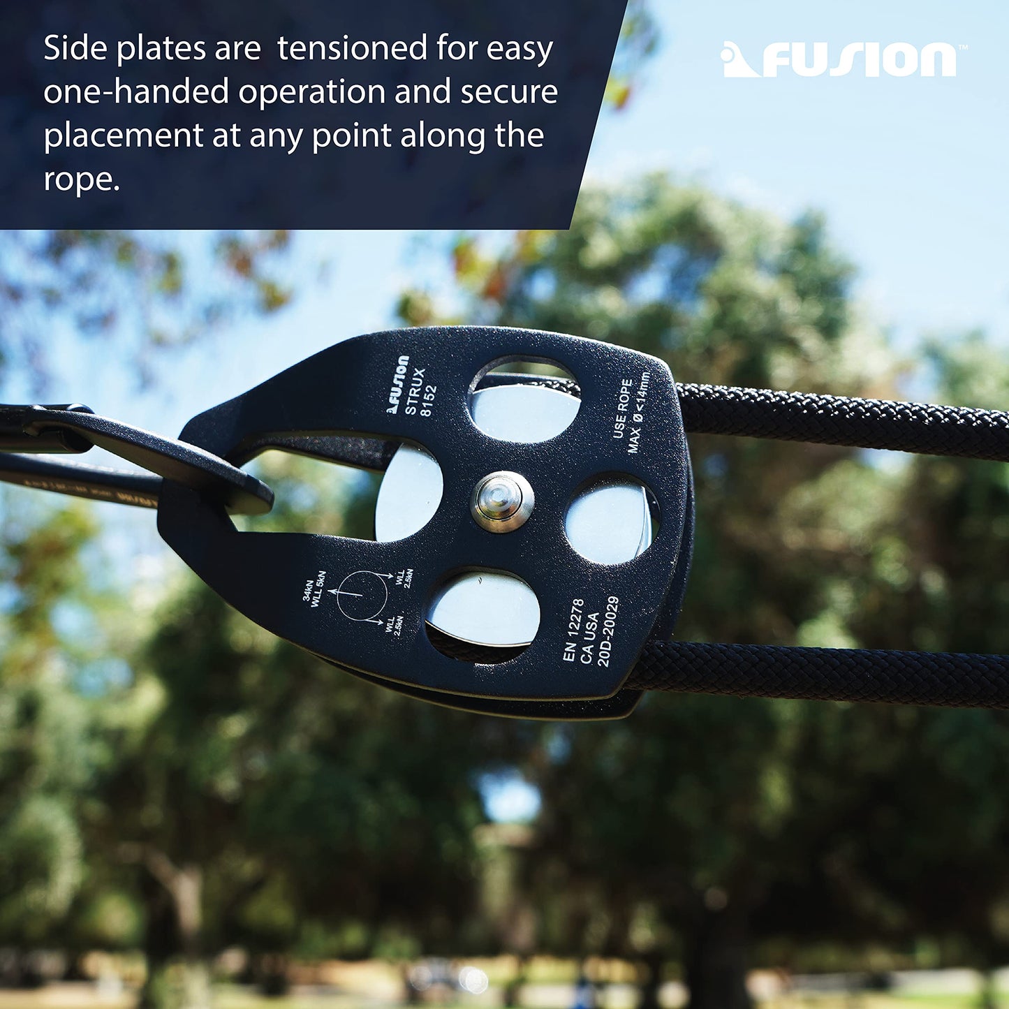 Fusion Climb Strux Pulley High Strength Aero Space Aluminum Alloy, Side Swing, Single Pulley, Smooth Rotation, Ideal for Multiple Anchors - 34kN MBS, TAA Approved