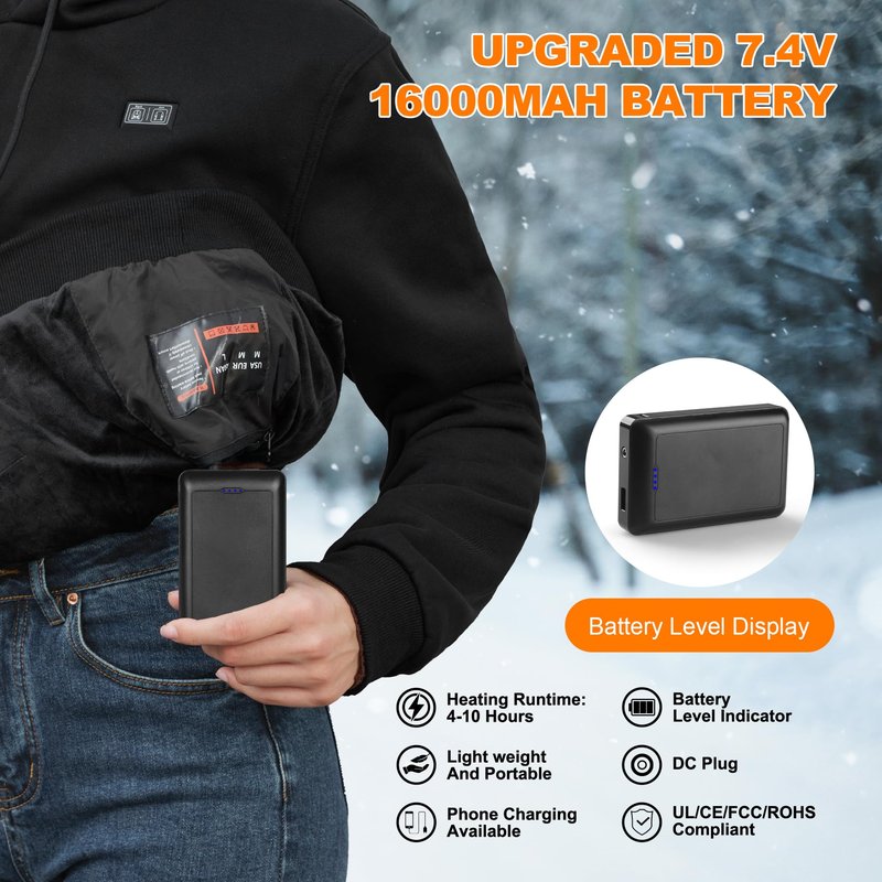 Moteoza Heated Hoodie for Women Men with Fleece Lining 7.4V 16000mAh Battery Heated Pullover Hooded Heated Sweatshirt (Black L)