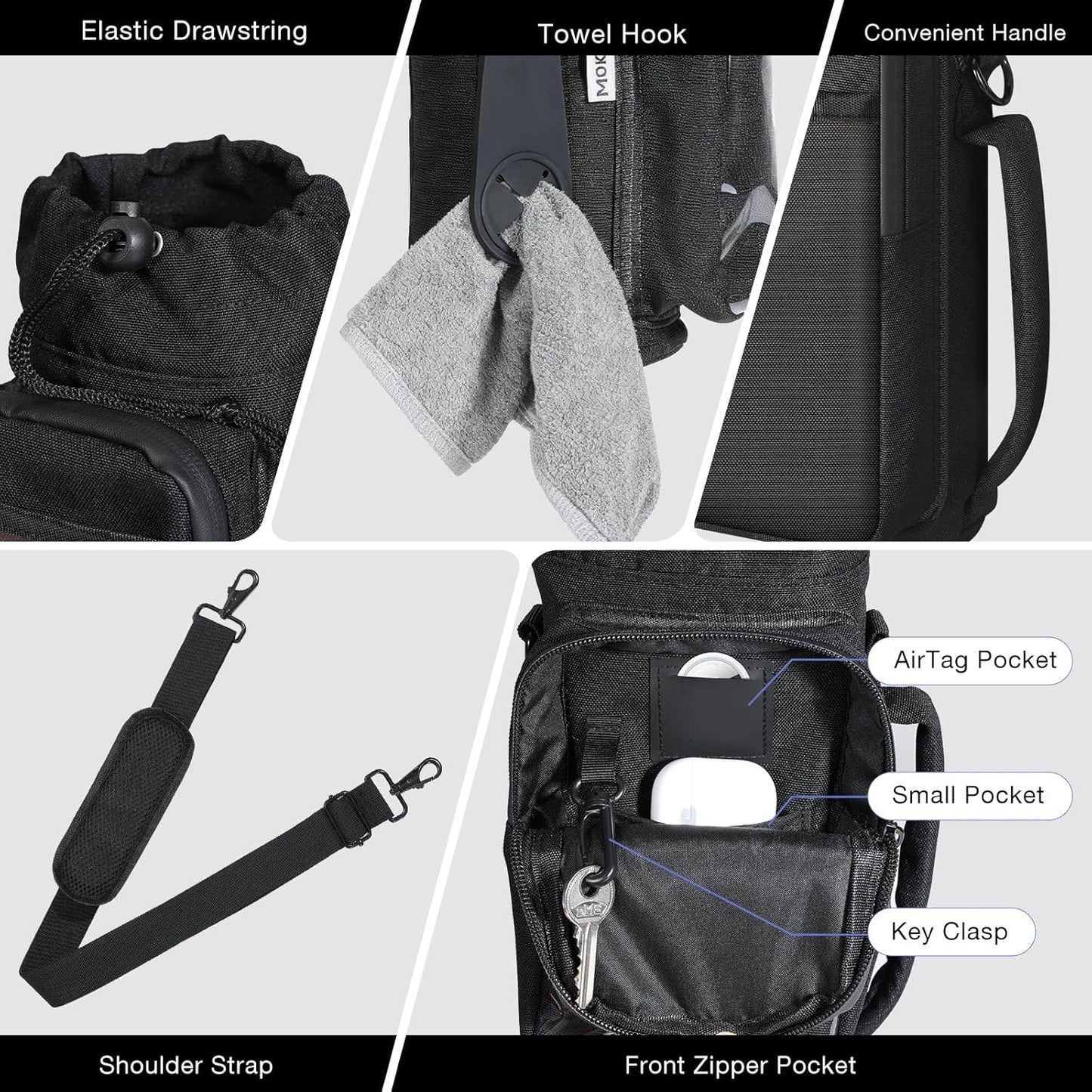 MoKo Magnetic Gym Bag - Water Bottle Holder with Clear Phone Pouch | 4 Built-in Magnets, Black