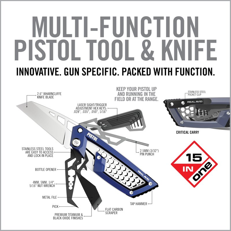Real Avid Gun Tool Edge Pistol – Compact EDC Multitool with 2.6 Inch Knife Blade, Hex Keys, 3/32" Pin Punch, Nut Wrenches, Tap Hammer and Pick - Everyday Carry Tool for Sight Adjustments & Disassembly