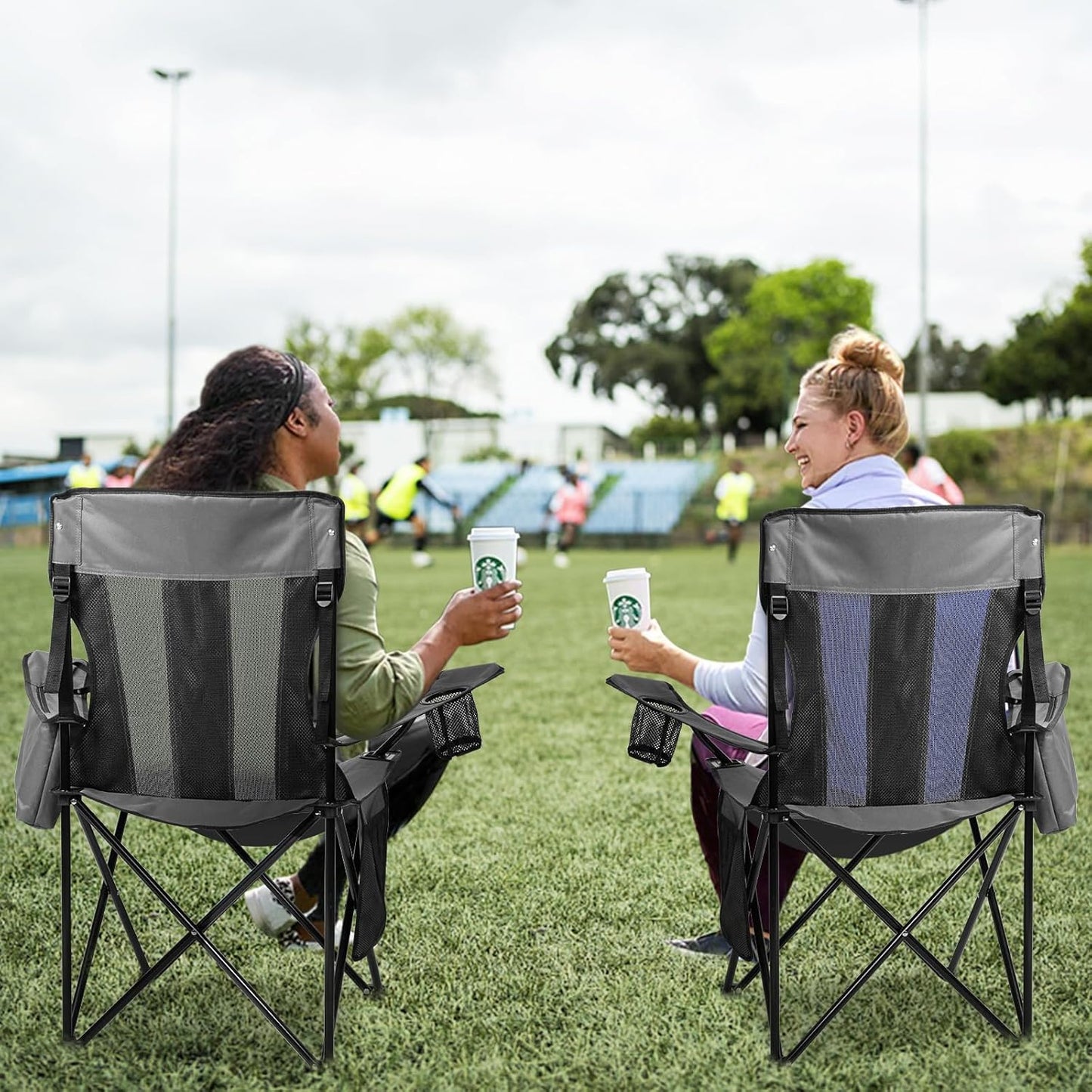 Nazhura Portable Folding Camping Chairs - Mesh Backrest & Cooler Pouch | Grey, Set of 2