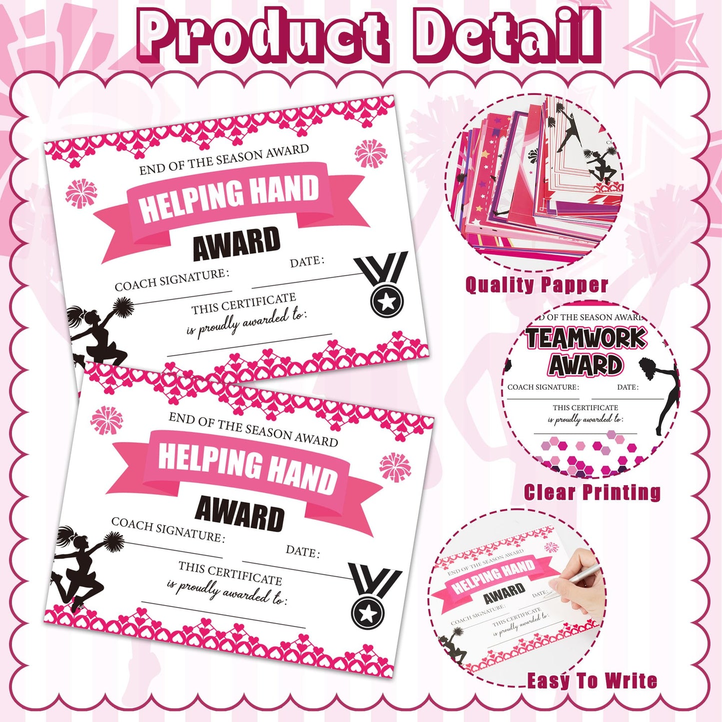 EYxsaxenk Cheerleading Achievement Award Certificates - 60Pcs End of Season Cheerleader Ceremony Award Cheerleading Championship Paper Achievement Certificate Student Reward Teacher Motivation Supply