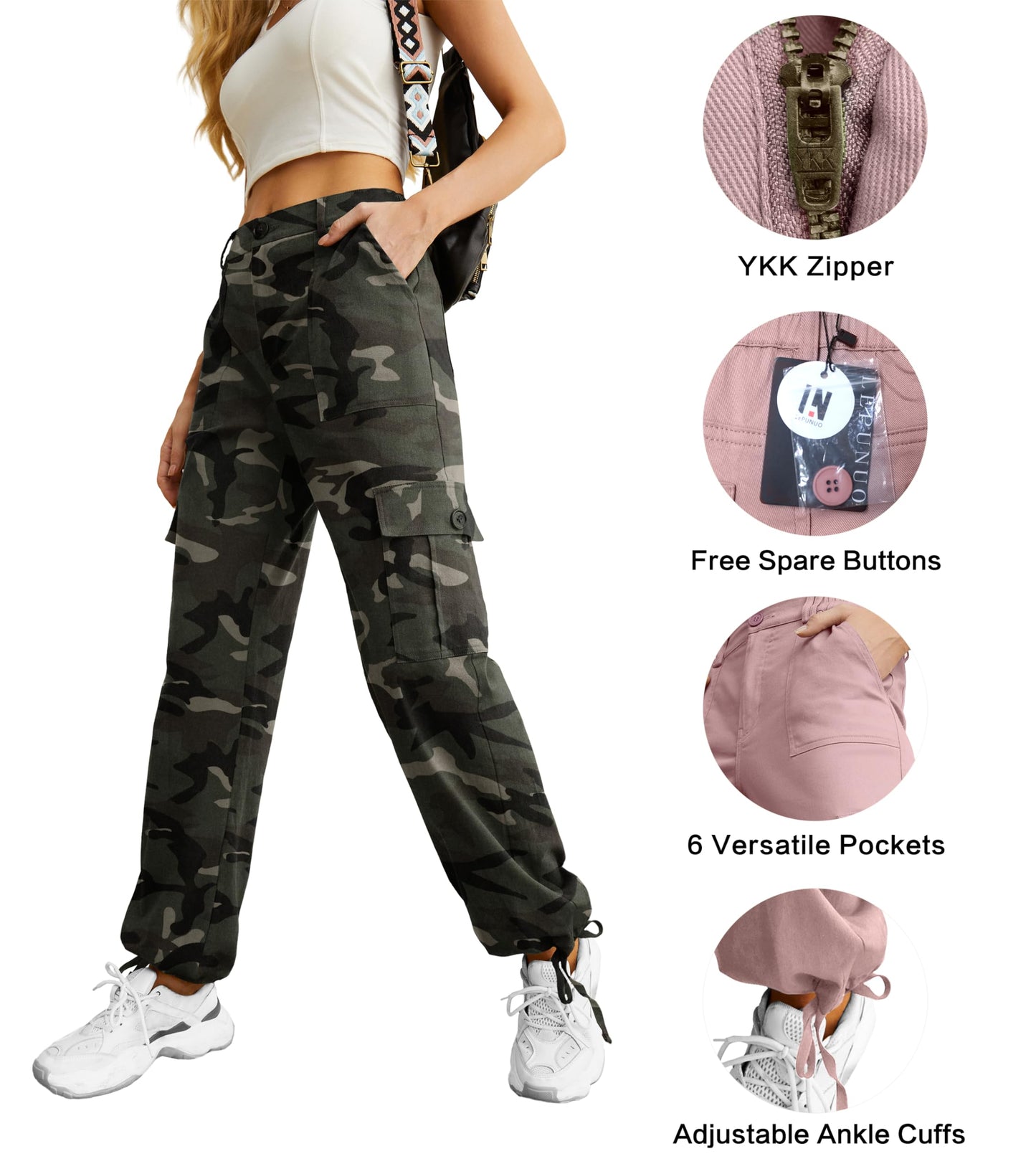 Women's High Waist Camo Cargo Long Straight Pants Casual Hiking Sweatpants Y2K Streetwear