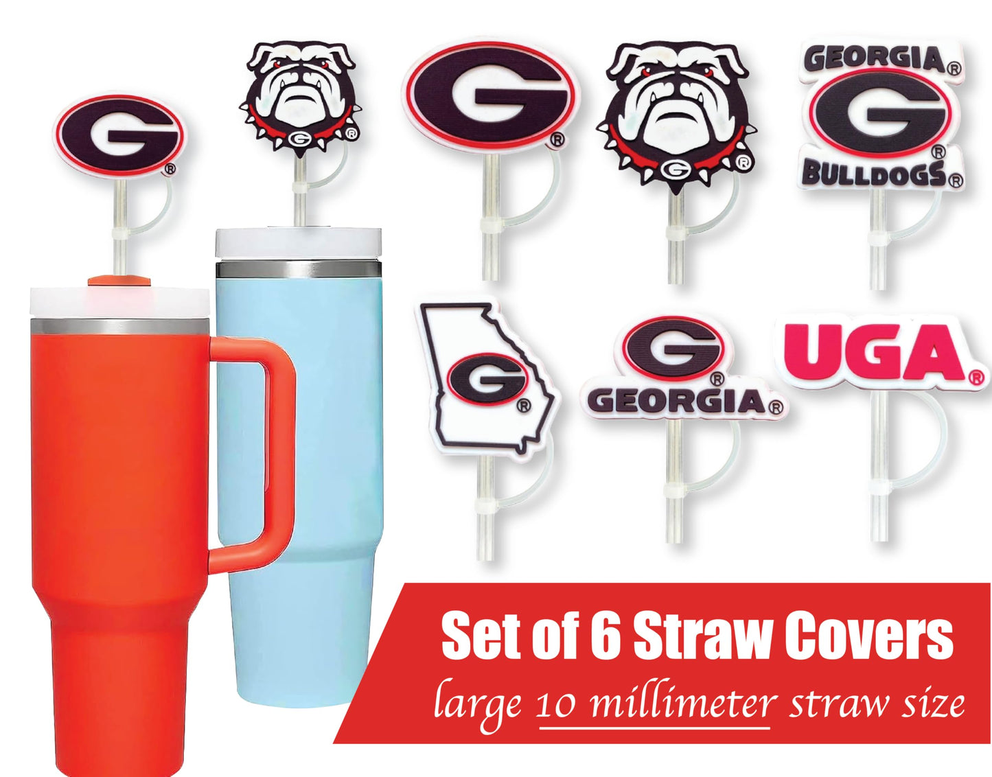 6 Georgia Bulldogs Straw Covers (10 millimeter) UGA Football Fan Merchandise Fits Large 40 oz Stanley Size Water Bottles (10 mm) (Georgia Bulldogs)