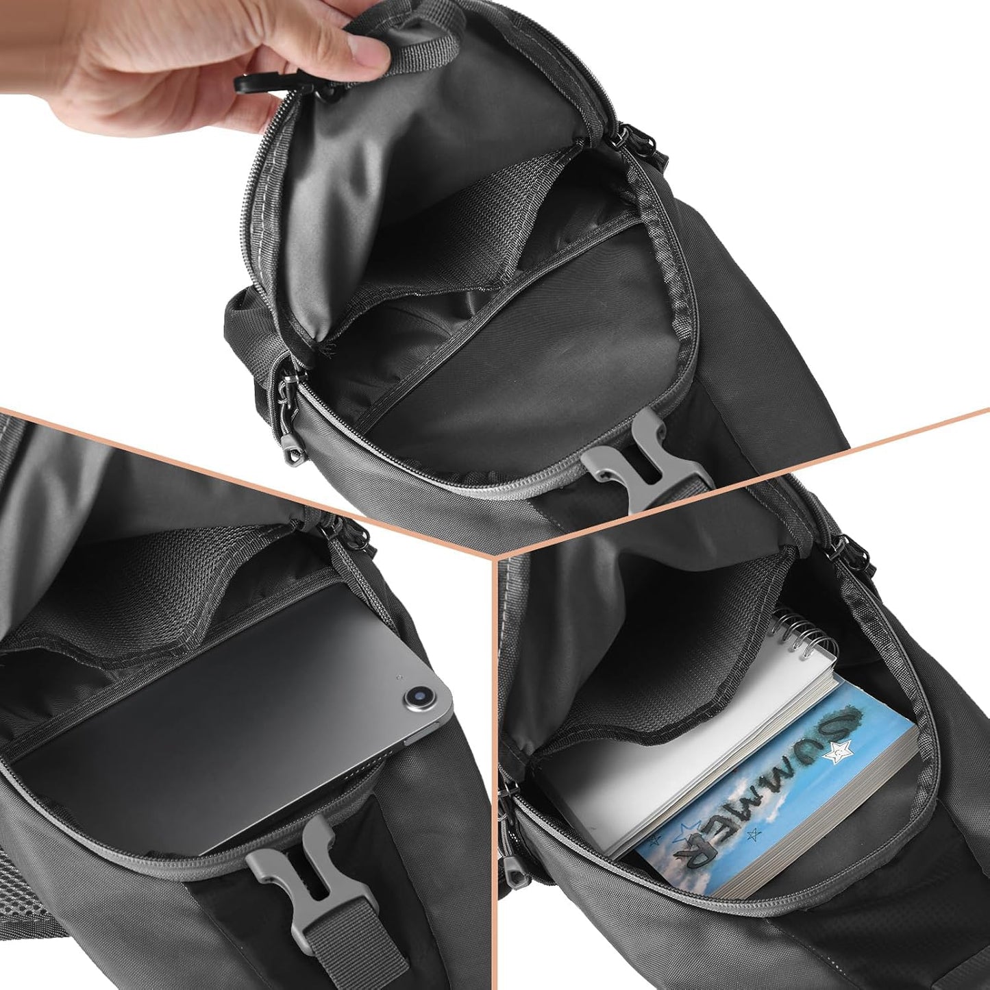 DAYELIVE Sling Bag for Mens Crossbody Bag Travel Sling Backpack Hiking Daypack Chest Bag Shoulder Bag, Large Cross Body Bag with Chest Phone Holder Black&Grey
