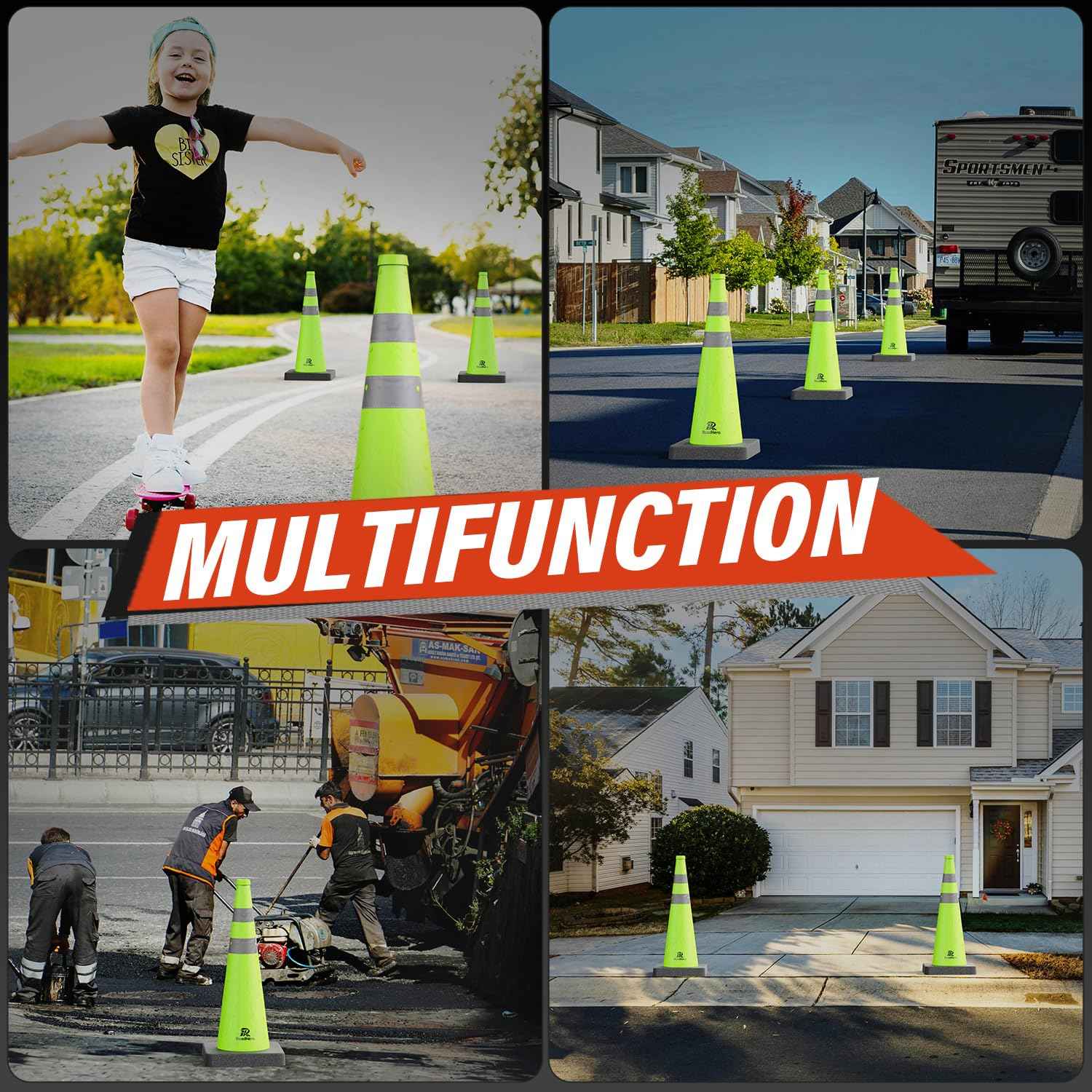 28 Inch Collapsible Traffic Safety Cones - Weighted Base & Reflective Collars, 4 Pack