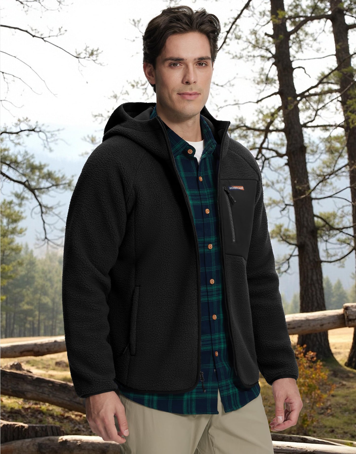 Pioneer Camp Men's Sherpa Fleece Full Zip Up Jacket with Hood Chest Pocket Winter Warm Thick Outwear Coat Hiking Climbing