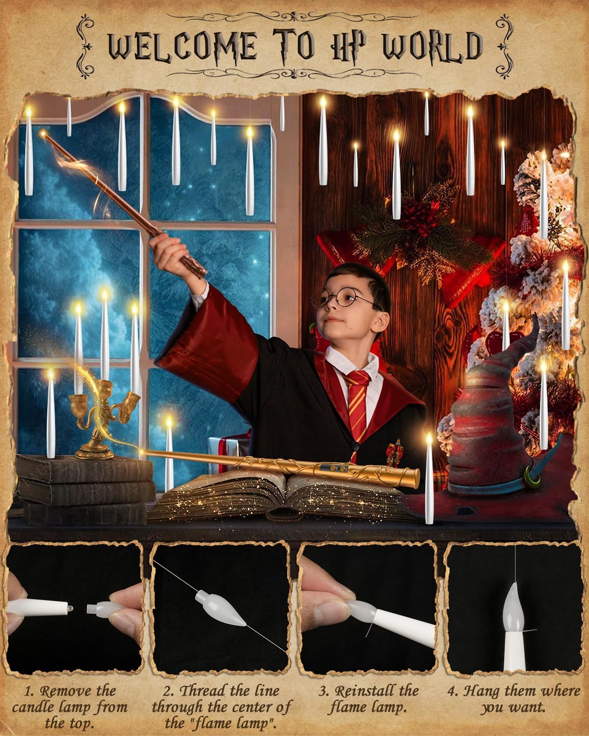 TLPUHU Floating Candles with Wand - 18 Pcs Halloween Decorations Magic Flameless Candles Flickering Warm Light Battery Operated LED Hanging Candles for Christmas Window Bedroom Birthday Party Decor