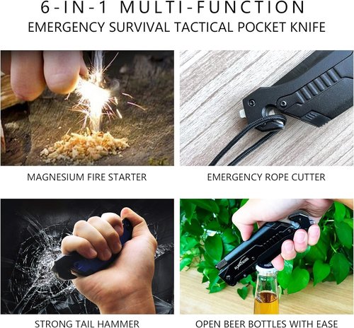 ALBATROSS 6-in-1 Tactical Folding Pocket Knife - Multi-Function Survival Tool with LED Light & Glass Breaker | Black