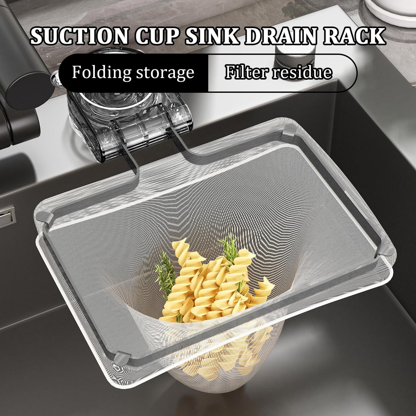 Kitchen Sink Strainer with Filter Mesh Bag, Food Waste Filter Basket, Suction Cup Folding Washing Vegetables and Fruits Drying Bag Holder