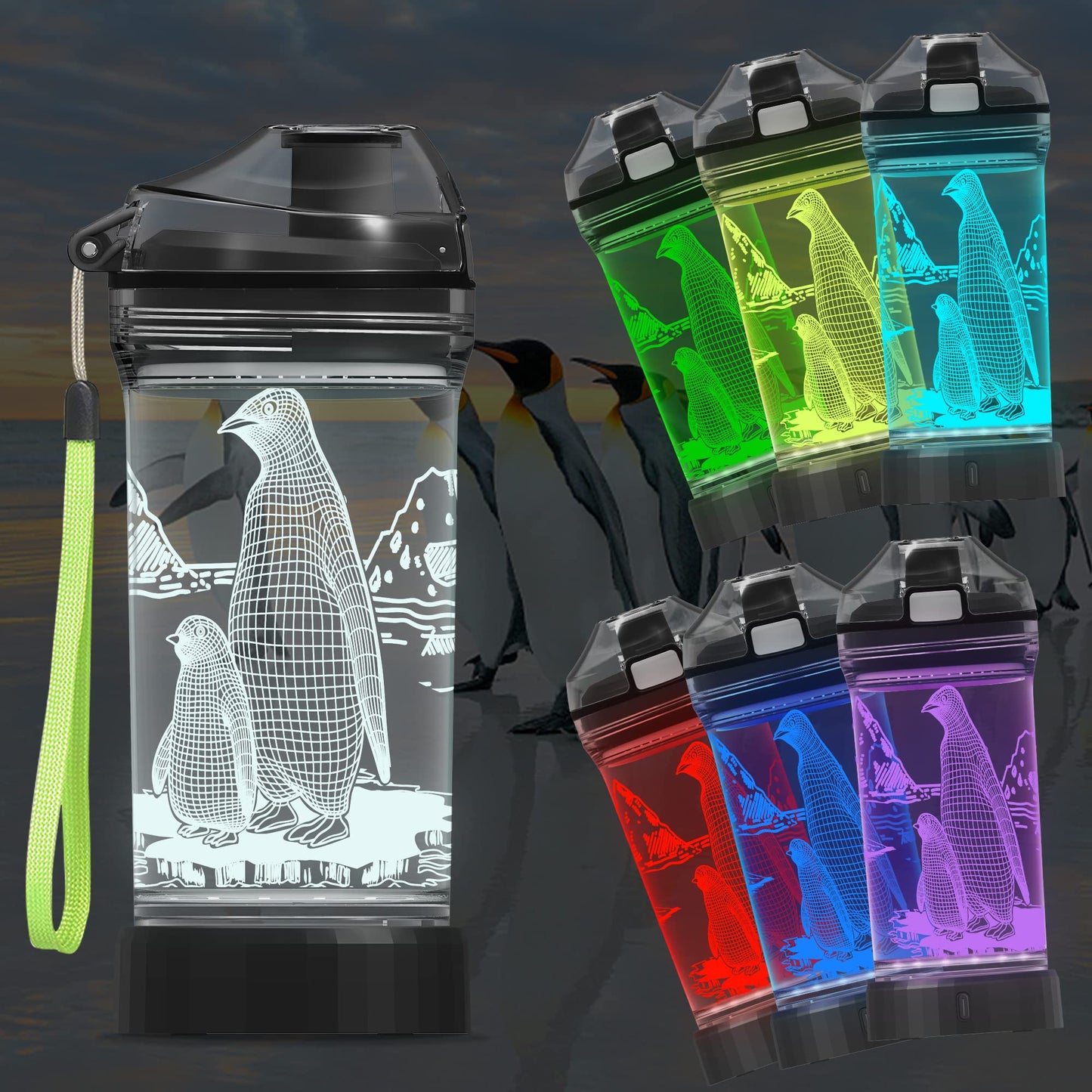 Ammonite Kids Penguin Water Bottle with 3D Glowing LED Light - 14 OZ Tritan BPA Free - Creative Ideal Travel Cup Gift for School Kid Boy Child Holiday Camping Picnic