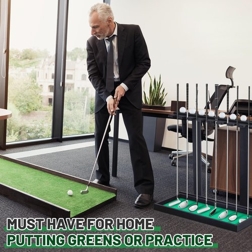 Blosssound Golf Putter Stand for 8 Clubs & 12 Balls Wooden Golf Club Holder Golfs Rack Display Organizer Storage with Artificial Grass Mat for Sports Indoor Home Garage Accessories(Black)
