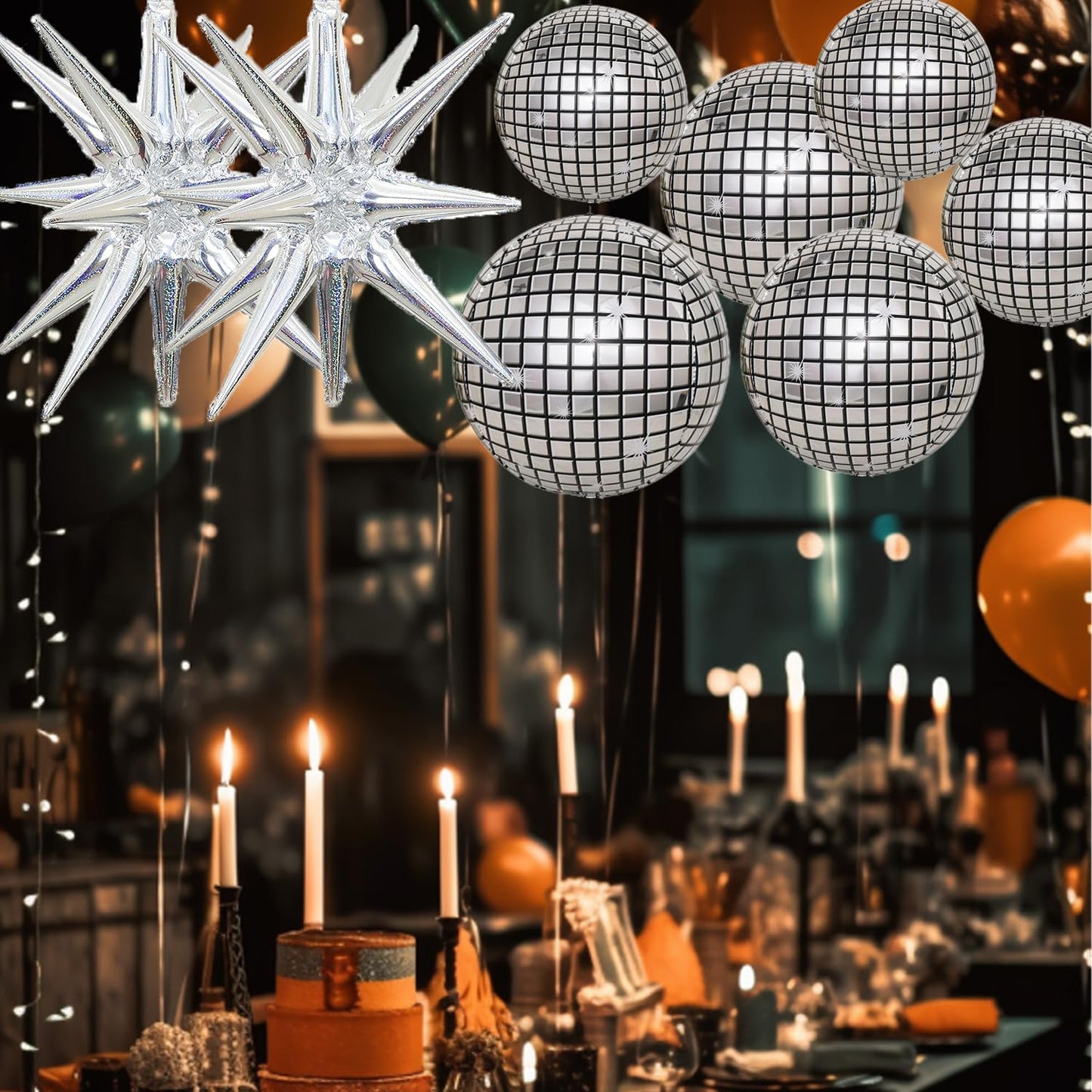 30 Pcs Disco Ball Balloons,4D Large Foil Balloons with Metallic Star,Huge Silver Explosion Star Aluminum for Disco Dance Birthday Party Graduation New Year Decoration