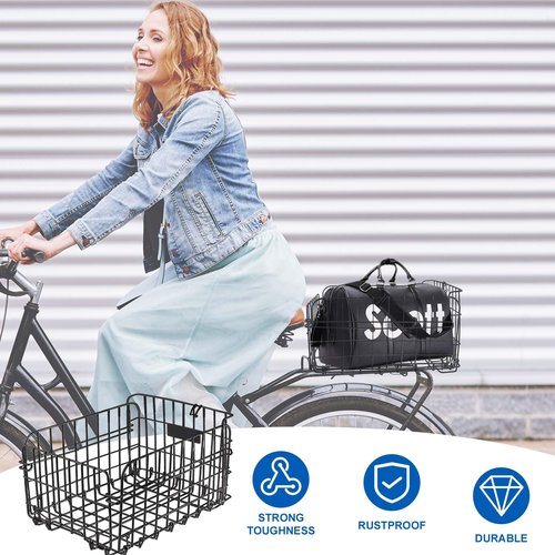 Aikolesa Bike Basket Rear for Adult Bikes, Large Rear Bike Basket Capacity with Reflective Light, Foldable Metal Wire Cover Bicycle Baskets Back Rack for Bike Rear Cargo Rack Ebike Cruiser