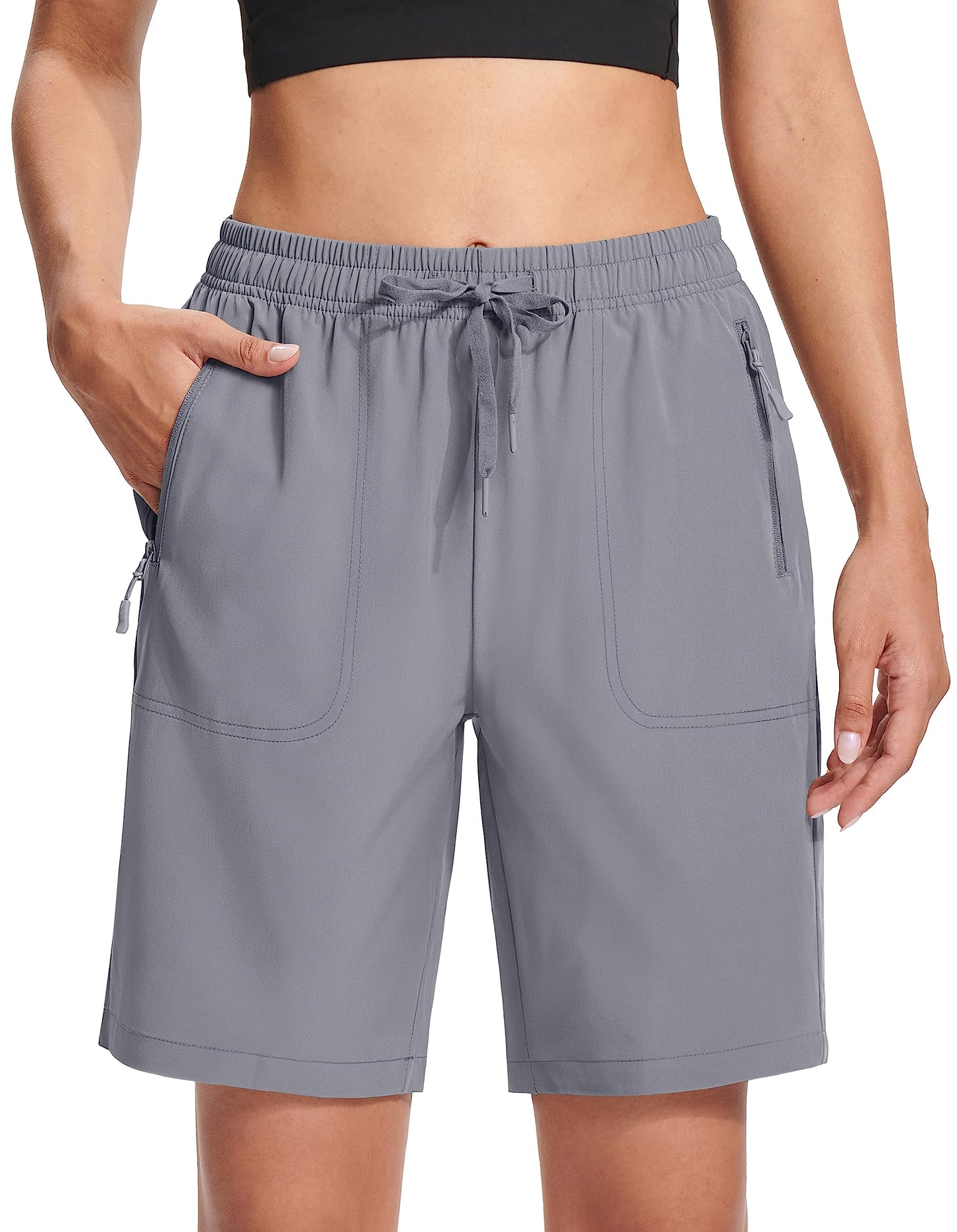 MAGCOMSEN Lightweight Hiking Shorts for Women 8" with Zipper Pockets Quick Dry Running Shorts Light Grey 2XL