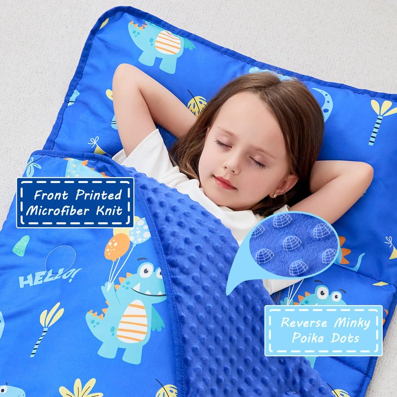 Toddler Nap Mat with Pillow and Blanket, Extra Large Rolled Napping Mats,Slumber Bags for Boys Girls,Kids Sleeping Bag for Daycare, 21" x 50" Preschool Travel Camping - Blue Dinosaurs