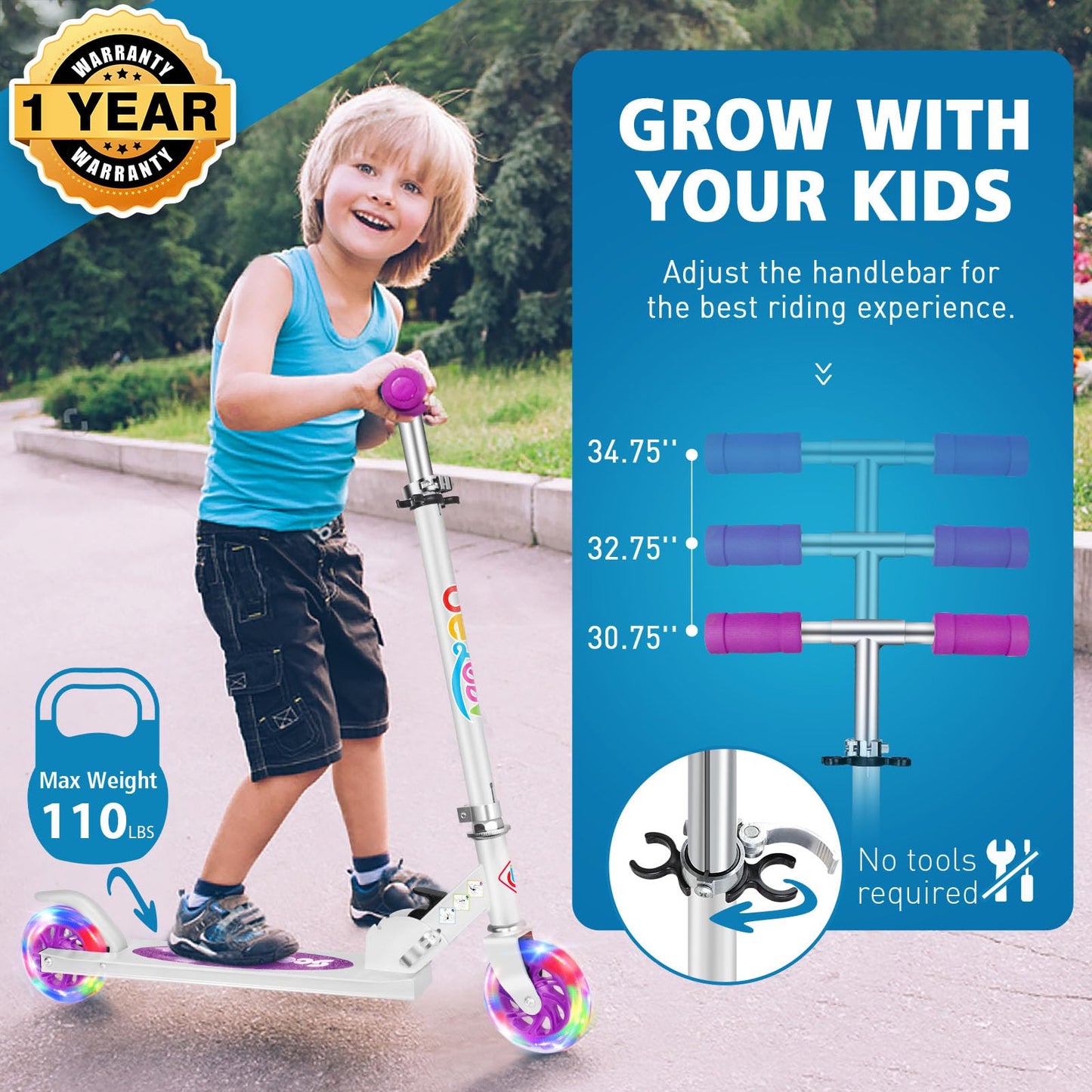 BELEEV V1 Kids Scooters for Girls Boys Ages 3-12, 2 Wheel Folding Kick Scooter with Light Up Wheels, 3 Adjustable Height, Lightweight Push Scooter with Kickstand for Children Gift (Purple)