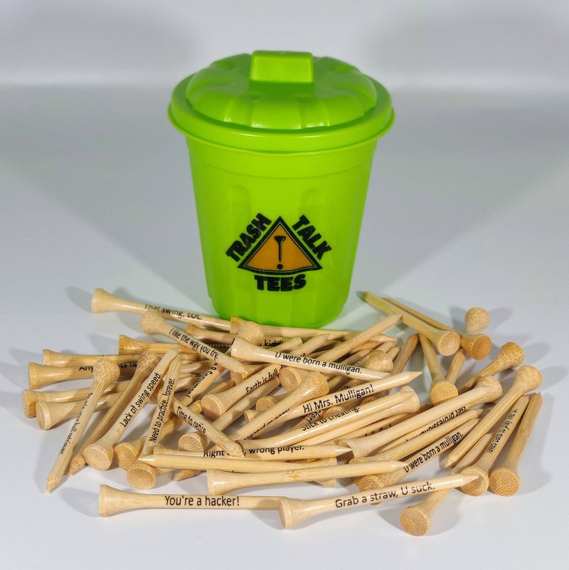 Trash Talk Golf Tees | Pack of 50 Bamboo 2 3/4" Golf Tees | Each Golf Tee Printed with a Funny Message