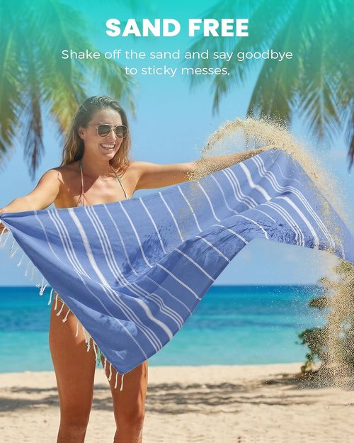 6 Pack Turkish Beach Towels Vacation Essentials with Bag Quick Dry Sand Free Soft Absorbent Adult Bath Pool Swim Long Wide Stripe Towel Cloud Linen Sandfree Mat Summer Thing Lightweight Travel Blue