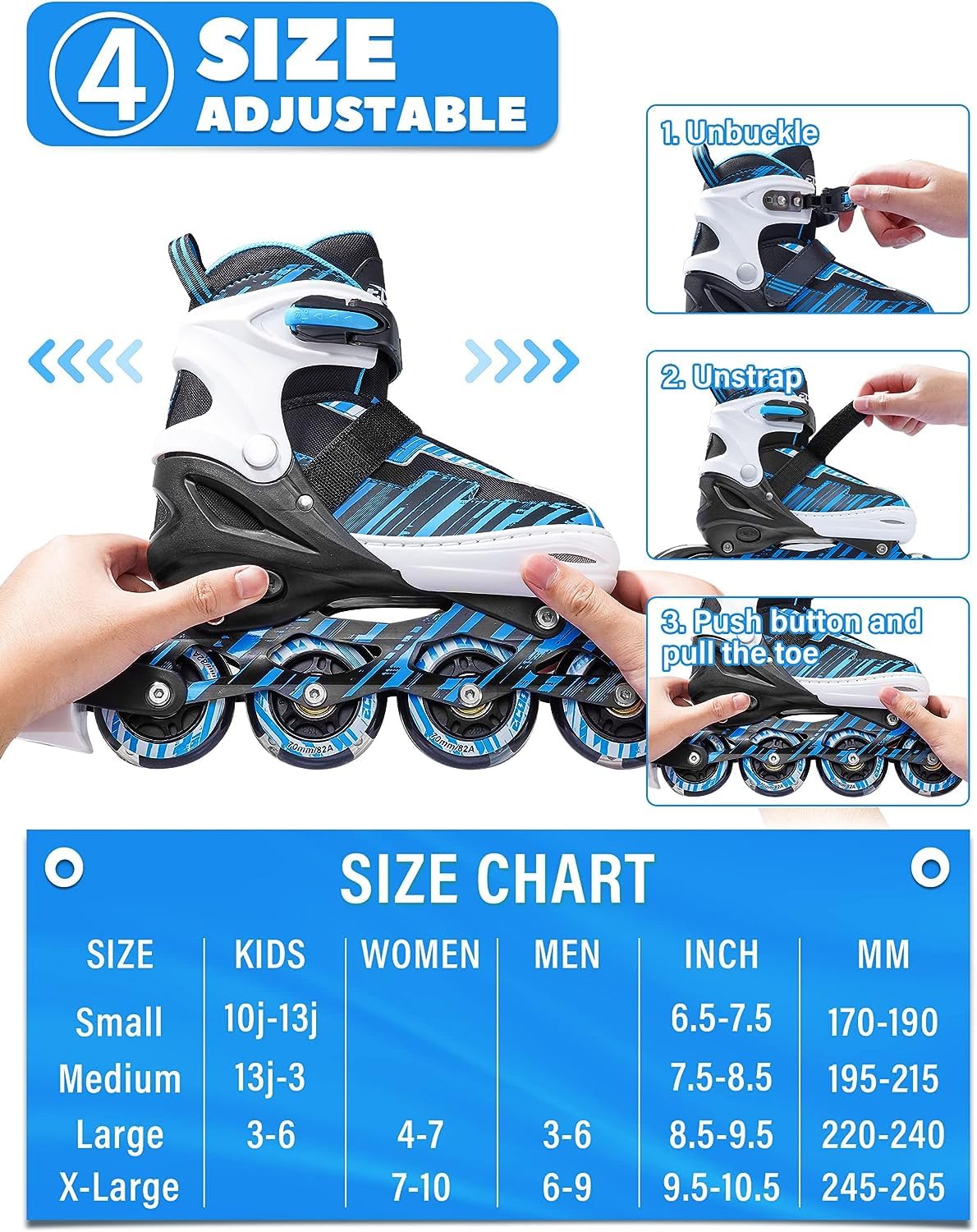 ECOO Adjustable Inline Skates Boys and Girls with Light up Wheels，Roller Skates for Kids Ages 4-12, Teen Skates for Beginner Outdoor and Indoor (Blue, Medium-Big Kids（13j-3 US）)